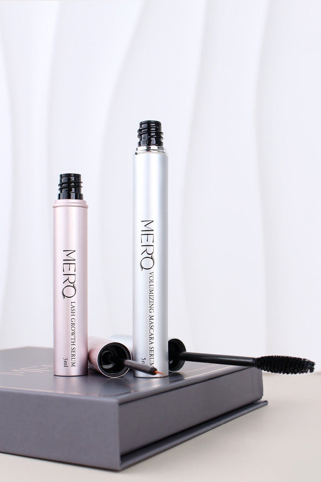Mero Eyelash Serum and Mascara combo on a beauty product box, showcasing plant-based lashes growth and volume.