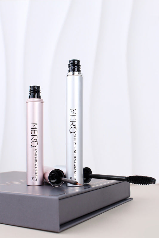 Mero Eyelash Serum and Mascara combo on a beauty product box, showcasing plant-based lashes growth and volume.